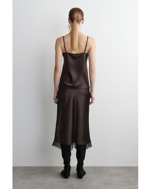 COS Brown Lace-Trimmed Satin Midi Skirt