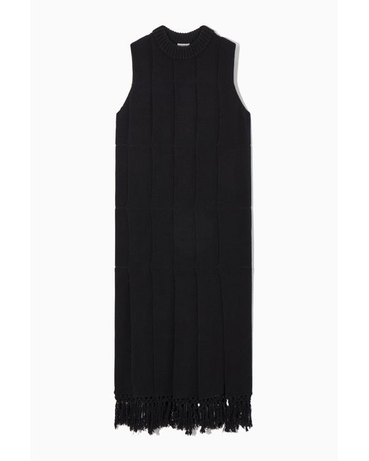 COS Black Fringed Panelled Wool Midi Dress