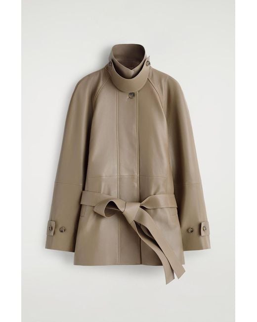 COS Natural Funnel-Neck Leather Short Trench Jacket