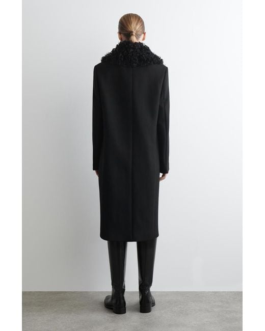 COS Black Shearling-Collar Wool Long Coat