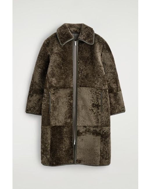 COS Green Leather-Bonded Shearling Long Coat