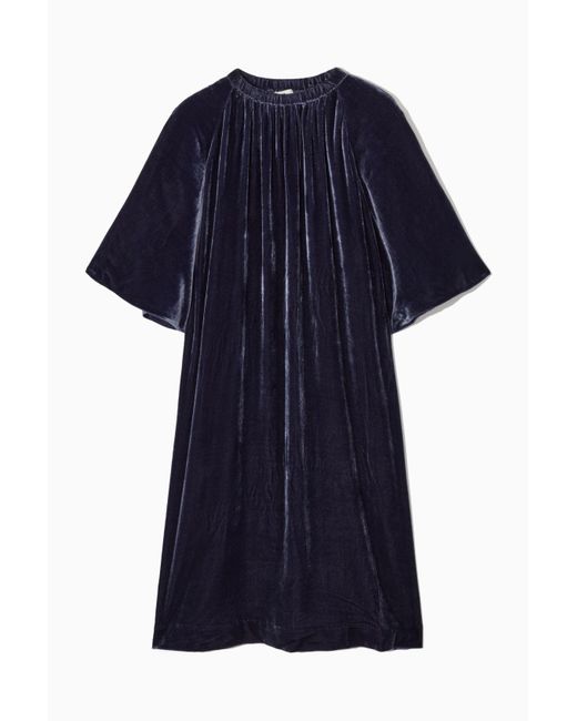 COS Blue Gathered Silk-blend Velvet Midi Dress