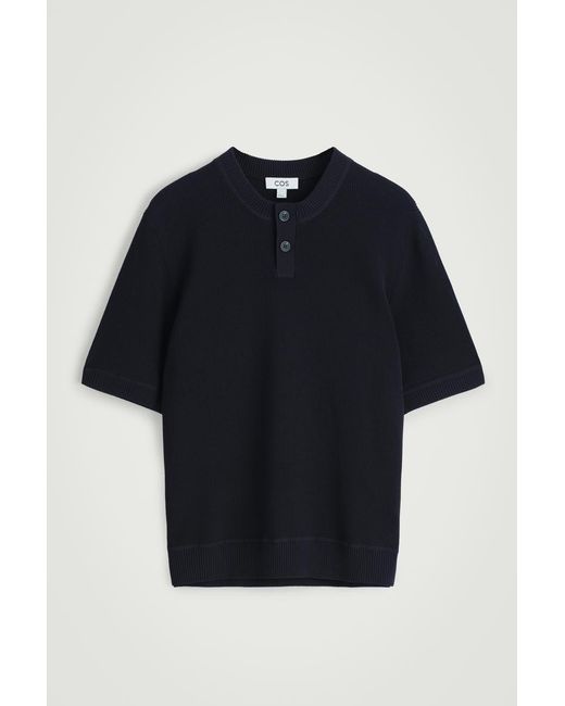COS Blue Knitted Cotton Henley T-Shirt for men
