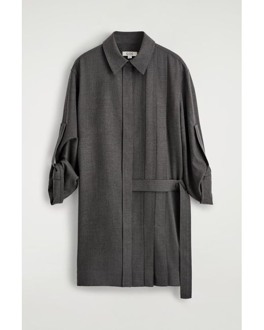 COS Gray Half-Pleated Wool Mini Shirt Dress