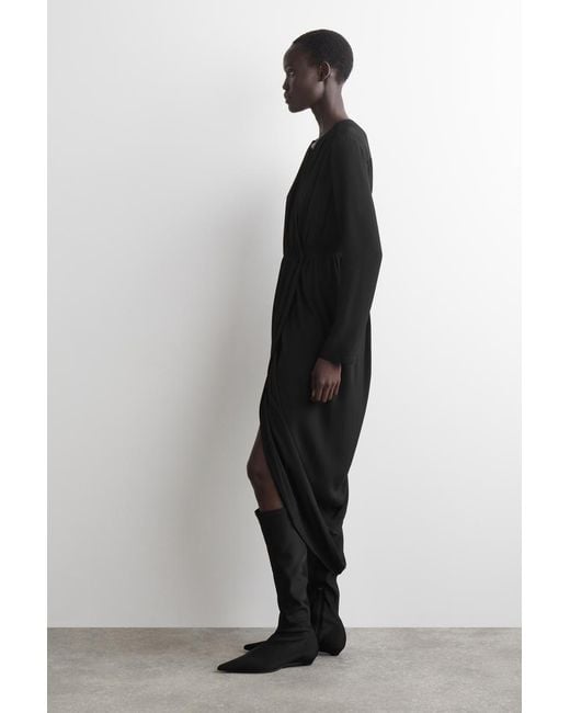 COS Black Gathered Midi Wrap Dress