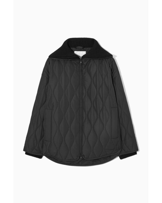 COS Black Oversized Knitted-collar Quilted Jacket