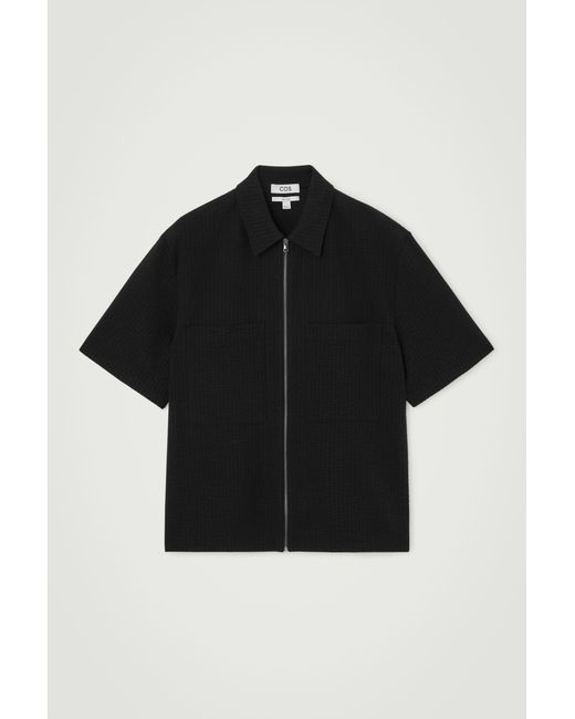 COS Black Relaxed Seersucker Cotton Zipped Shirt for men