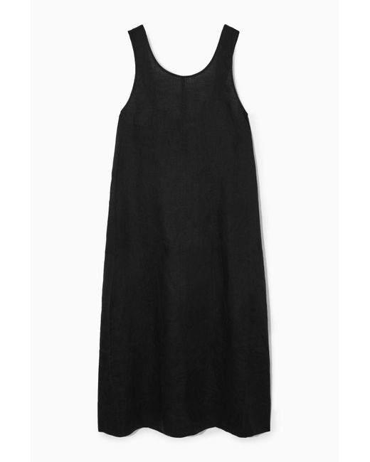 COS Black Gathered Linen Midi Dress