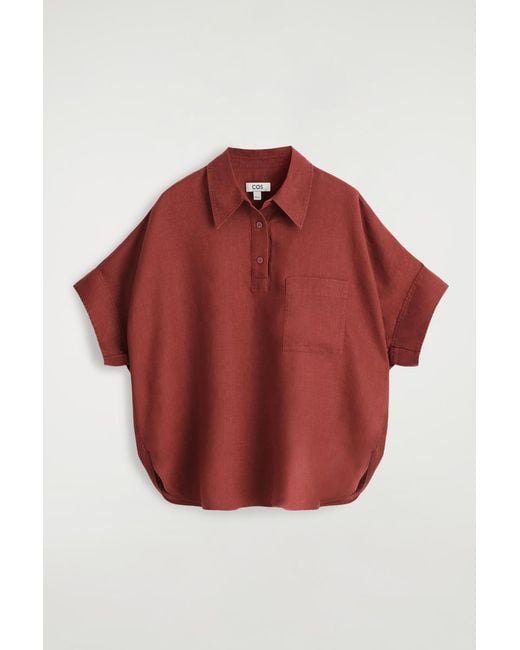 COS Red Linen Half-Placket Shirt