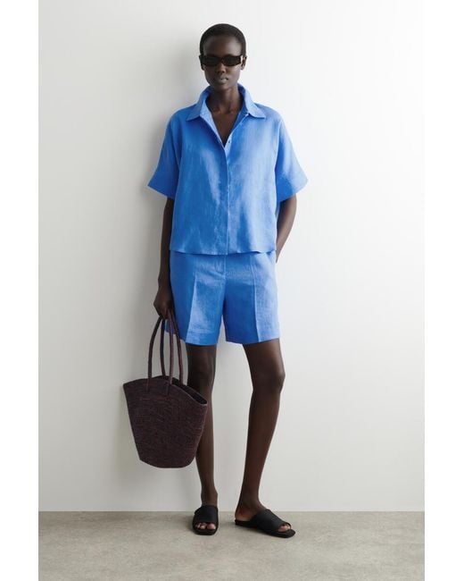COS Blue Oversized Short-Sleeved Linen Shirt