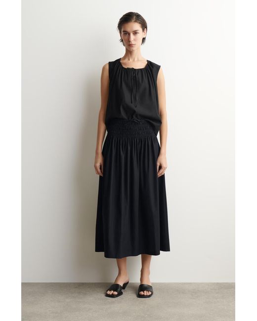 COS Black Ruched-Waist Midi Skirt