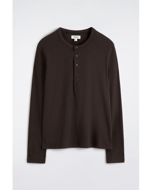 COS Black Slim Ribbed Cotton Long-Sleeved Henley T-Shirt for men