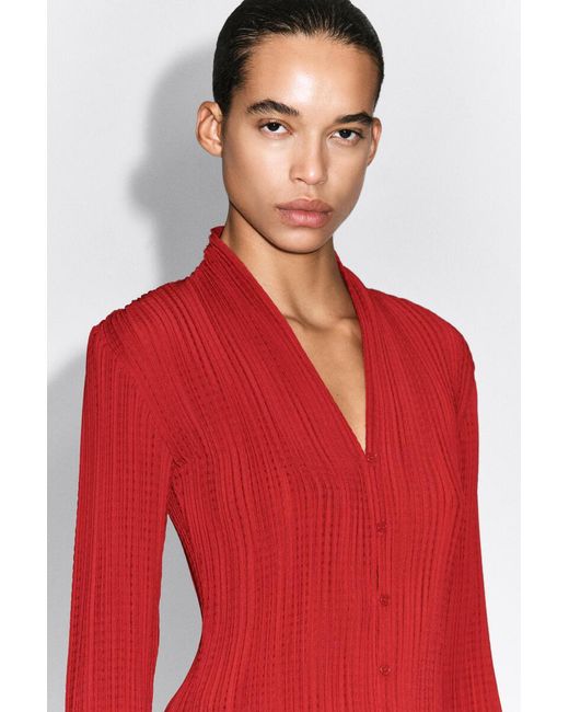 COS Red Pleated Jacquard Cardigan