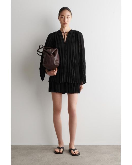 COS Black Tie-Front Pleated Georgette Blouse