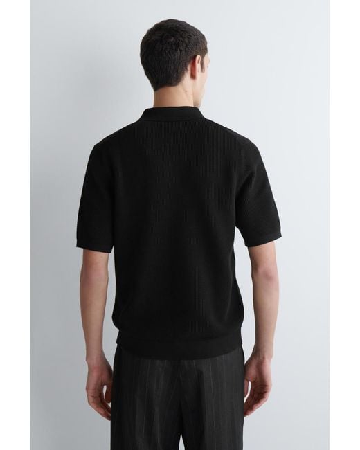 COS Black Waffle-Knit Cotton Polo Shirt for men