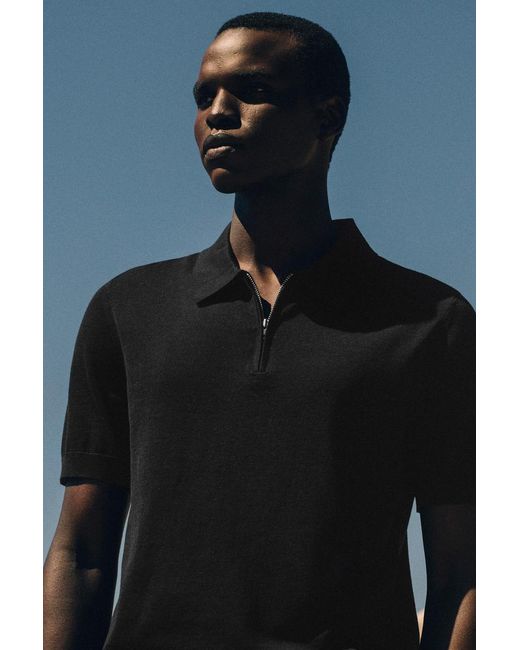 COS Black Slim Knitted Silk Zip-Up Polo Shirt for men