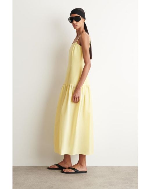 COS Yellow Sculpted Dropped-Waist Midi Dress