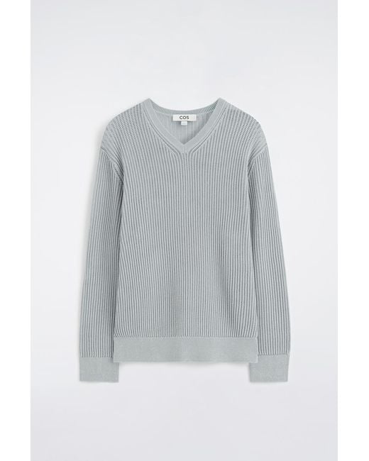 COS Gray Ladder-Stitch Cotton V-Neck Jumper for men
