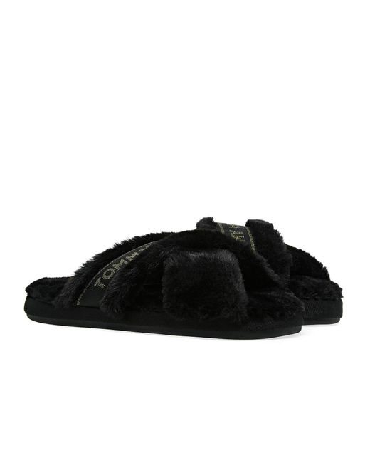 Tommy Hilfiger Shiny Webbing Furry Slippers in Black - Lyst