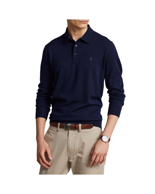 Polo Ralph Lauren Washable Wool Polo Collar Sweater in Blue for Men | Lyst