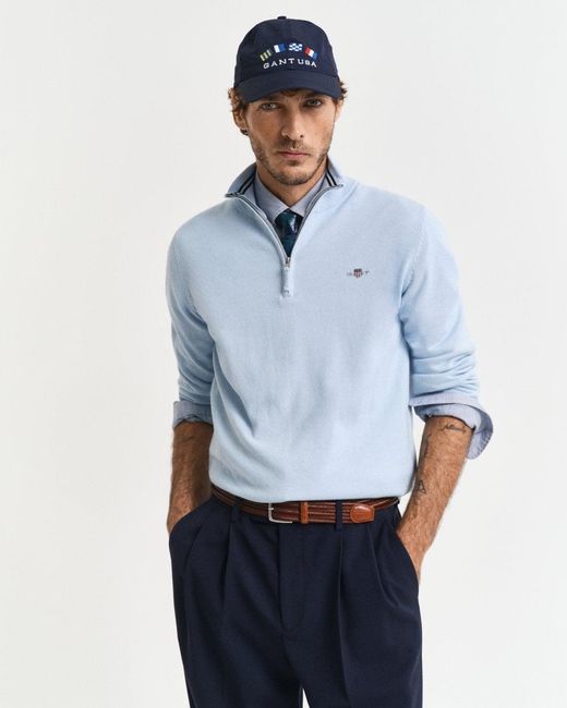 Gant Blue Classic Cotton Half Zip Jumper for men