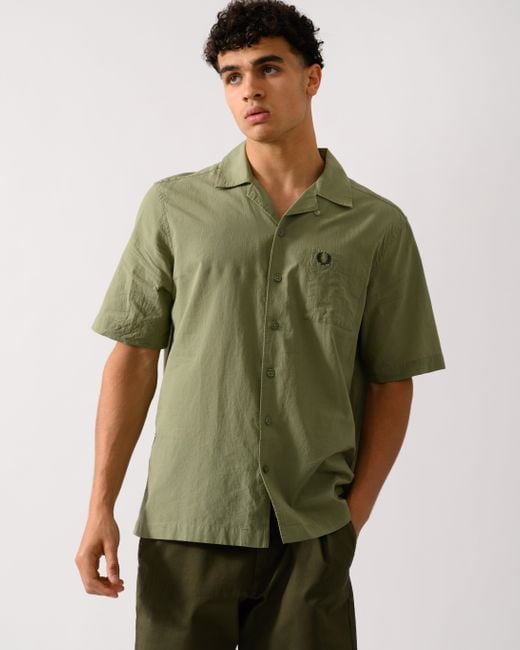 Fred Perry Green Lightweight Texture Revere Collar Short Sleeve Shirt for men