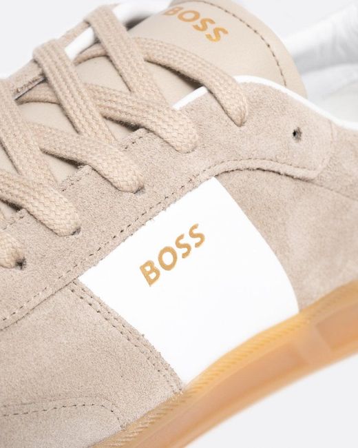 Boss White Brandon Suede-leather Lace-up Trainers With Branding for men