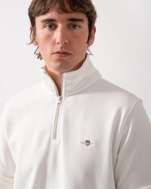 Gant White Regular Fit Shield Logo Half Zip Sweatshirt for men