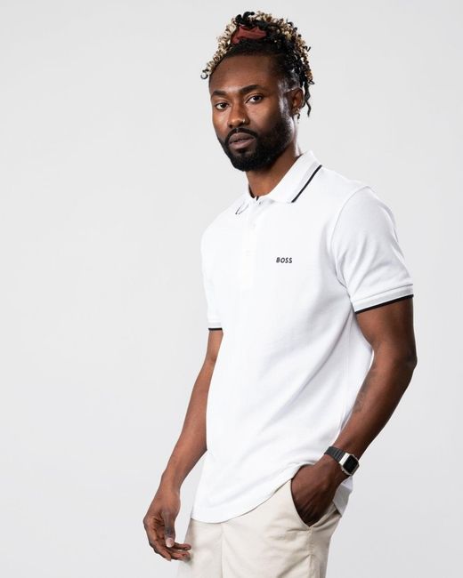 Boss White Paddy Contrast Polo Nos for men