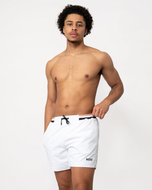 Boss White Isle Ripstop-fabric Swim Shorts With Contrast Logo for men