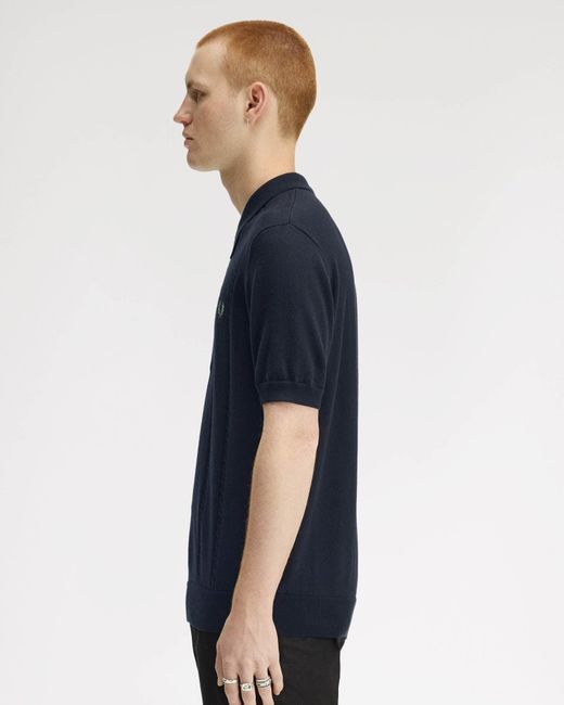Fred Perry Blue Cable Knitted Polo Shirt for men