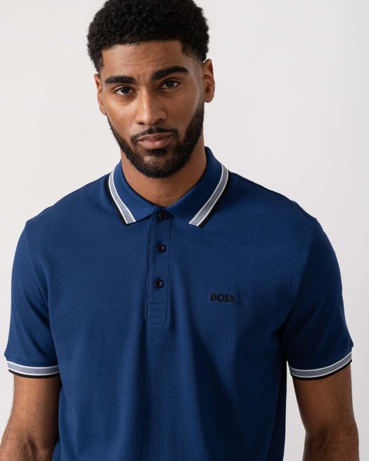 Boss Blue Paddy Cotton-Piqué Polo Shirt With Contrast Logo for men