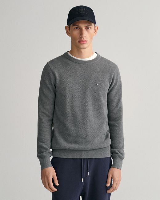 Gant Gray Cotton Pique Crew Neck Jumper for men