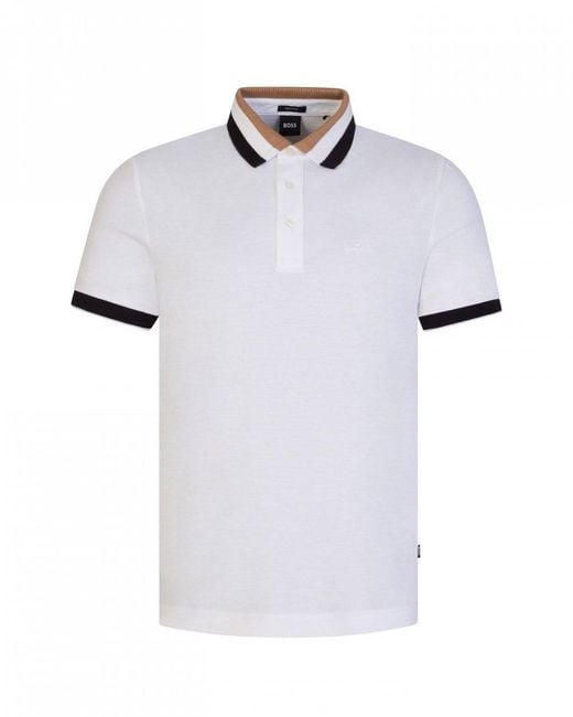 Boss White Prout Mercerised Cotton Polo Shirt With Signature Stripe Collar for men
