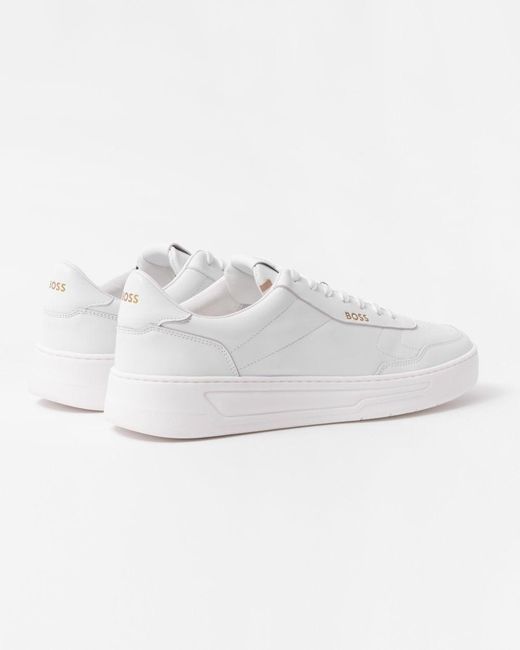 Boss White Baltimore Low Top Leather Trainers With Gold-tone Logos for men