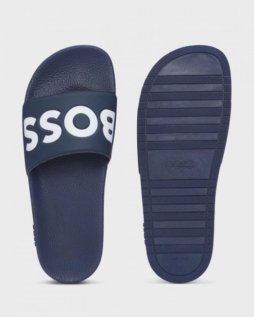 Boss Blue Aryeh Italian-Made Slides With Large Logo Detail for men
