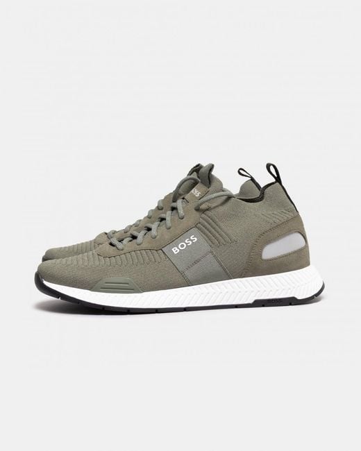 Boss Natural Titanium_runn Structured-knit Sock Trainers With Branding for men