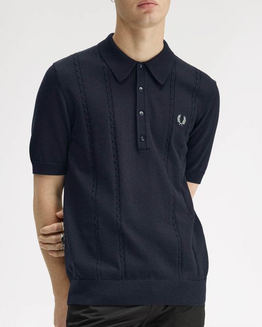 Fred Perry Blue Cable Knitted Polo Shirt for men