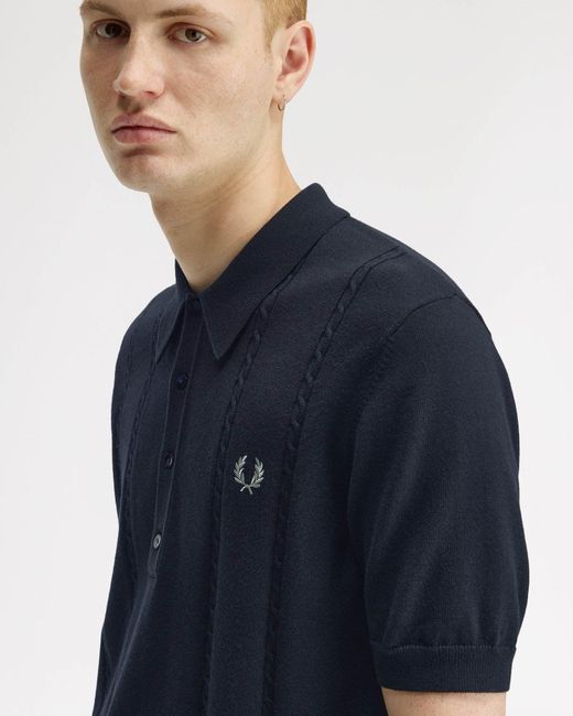 Fred Perry Blue Cable Knitted Polo Shirt for men