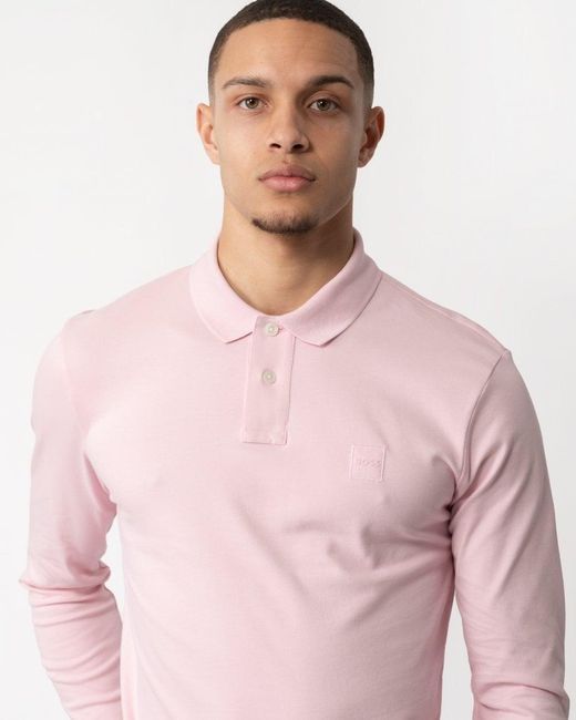 Boss Pink Passerby Long Sleeve Stretch-cotton Polo Shirt With Logo Patch for men