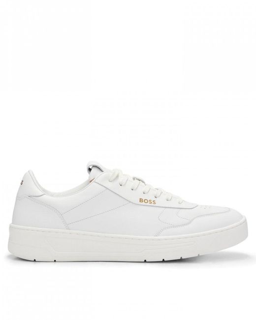 Boss White Baltimore Low Top Leather Trainers With Gold-tone Logos for men