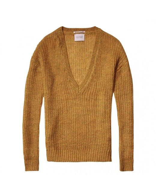 Maison Scotch Brown Deep V-Neck Soft Knit Jumper