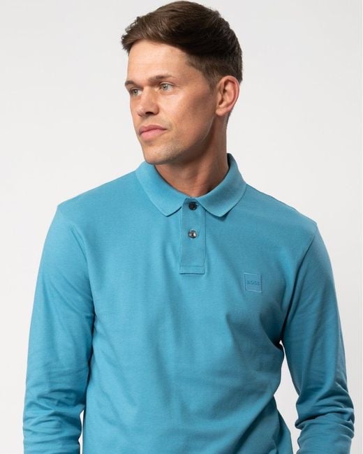 Boss Blue Passerby Long Sleeve Stretch-cotton Polo Shirt With Logo Patch for men