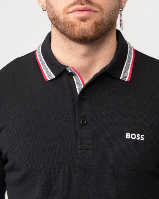 Boss Black Plisy Long Sleeve Contrast Collar Polo for men