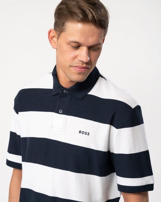 Boss Blue Thick Stripe Polo Shirt for men