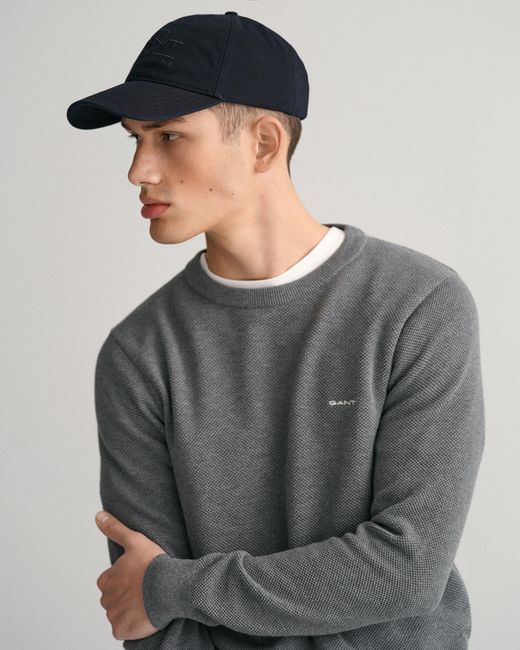 Gant Gray Cotton Pique Crew Neck Jumper for men