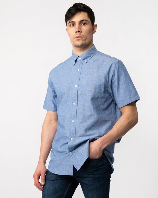 Gant Blue Regular Fit Cotton Linen Short Sleeve Shirt for men