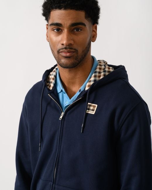 Aquascutum Blue Full Zip Badge Hoodie for men