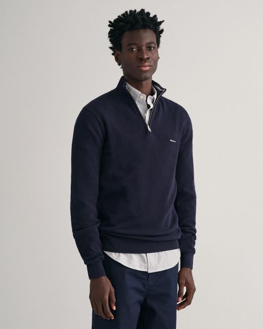 Gant Blue Cotton Pique Half Zip Jumper Size: L for men