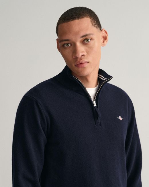 Gant Blue Marine Superfine Lambswool Half Zip Sweater for men